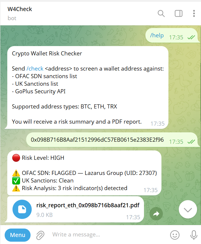 Telegram chat showing w4check bot responding to a /check command with a wallet risk summary and PDF download button